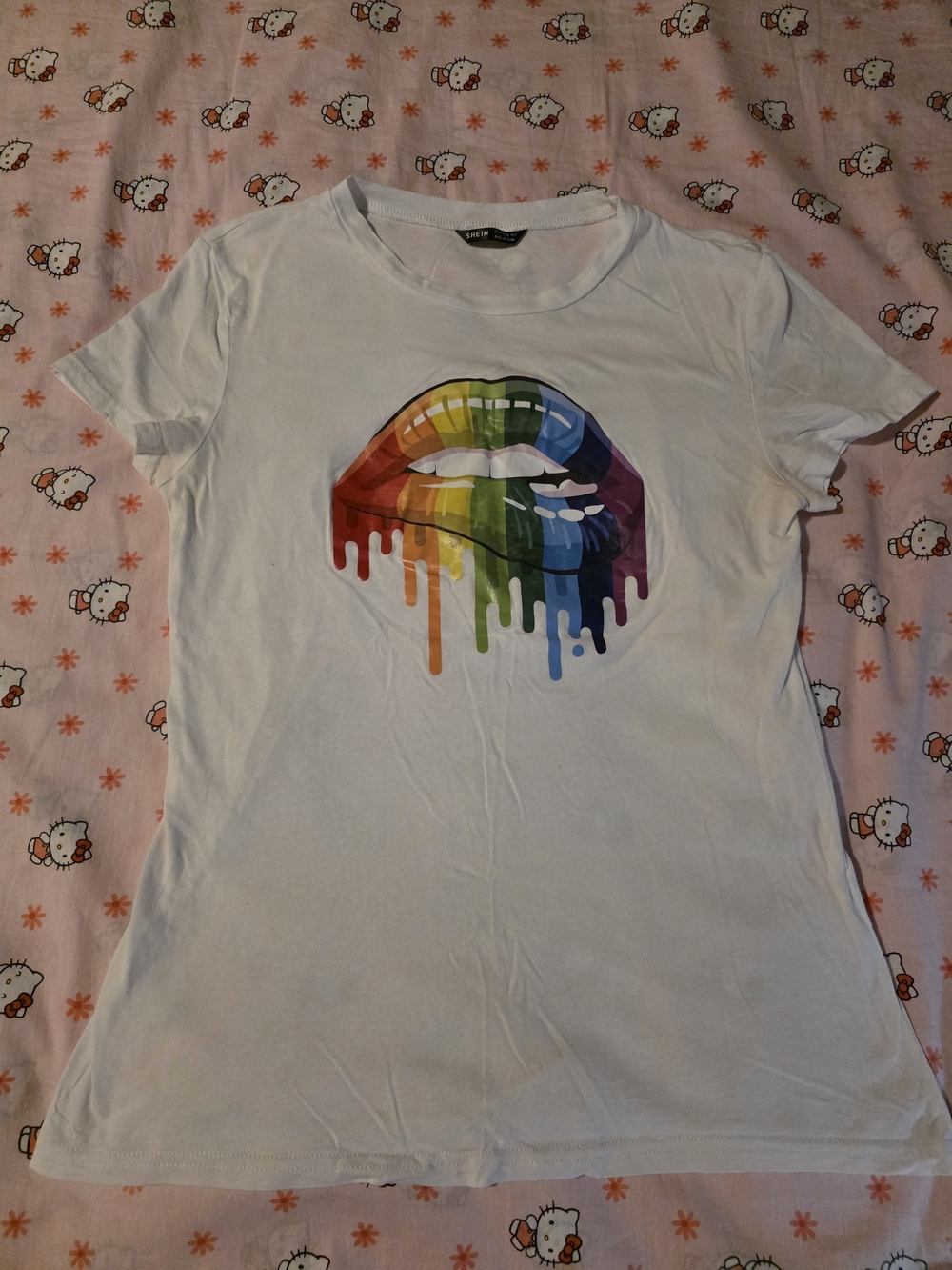 SHEIN White Tee with Dripping Rainbow Lips Graphic